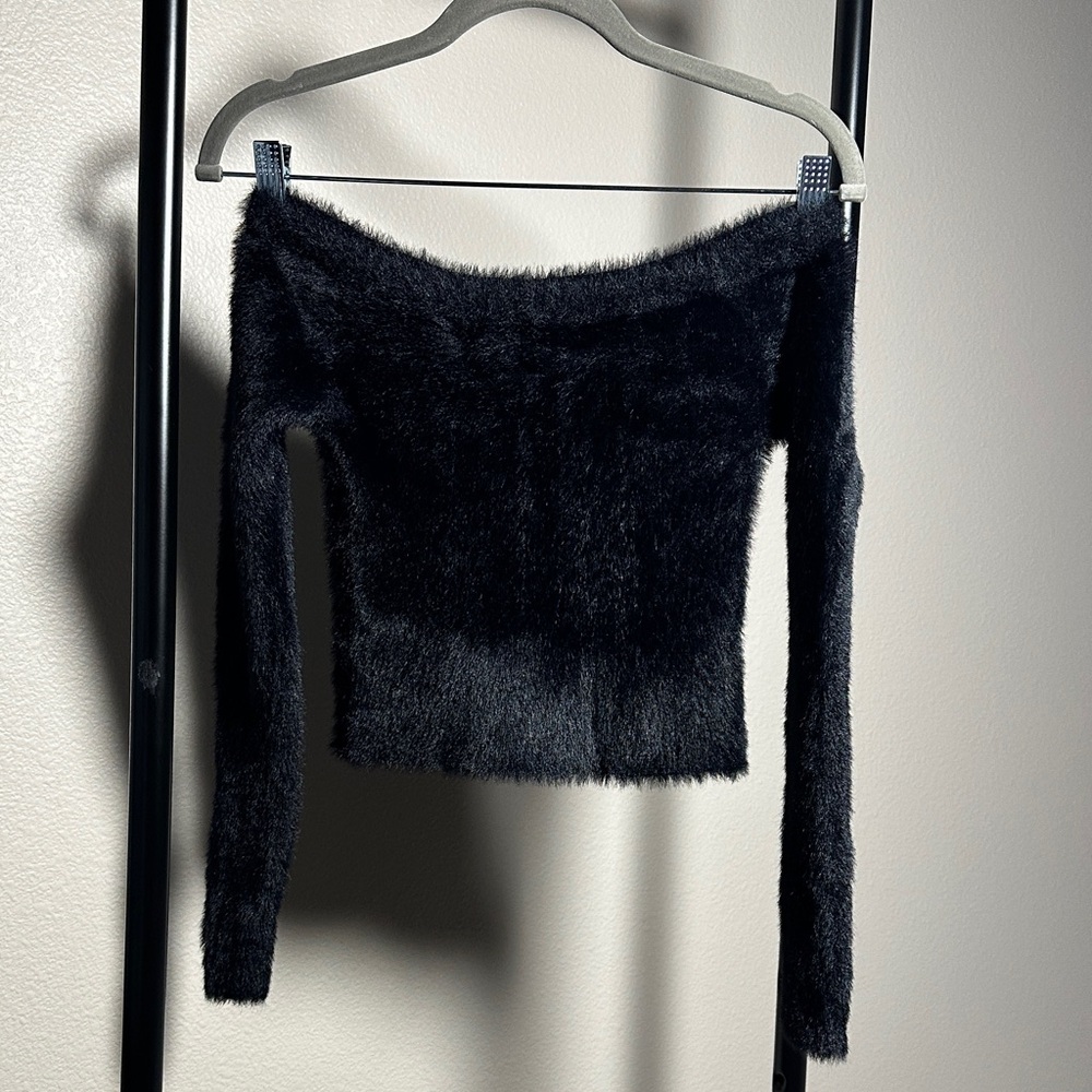 H&M Black Fuzzy Off-Shoulder Crop Top